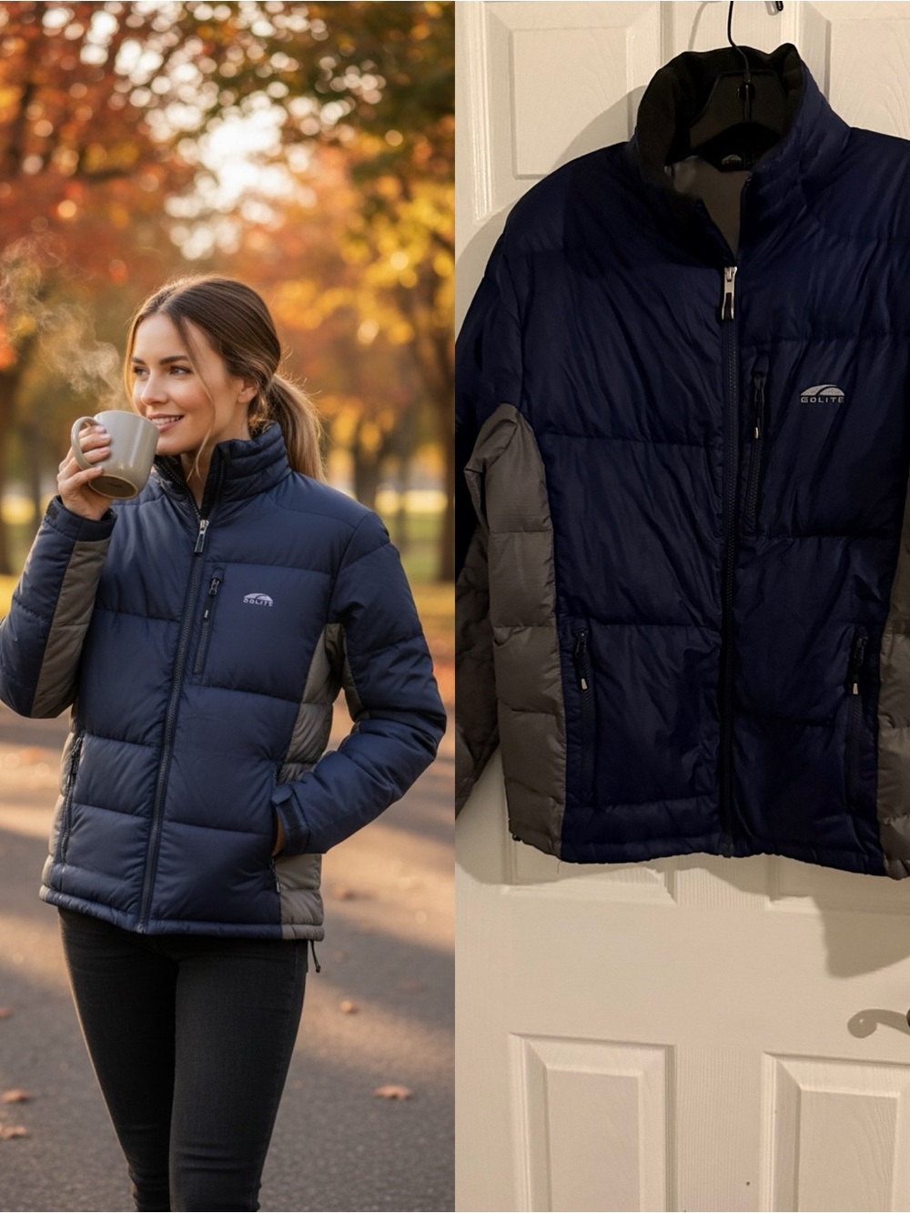 Golite Women’s Goose Down Puffer Jacket Blue Gray Full Zip Coat Size Small Light